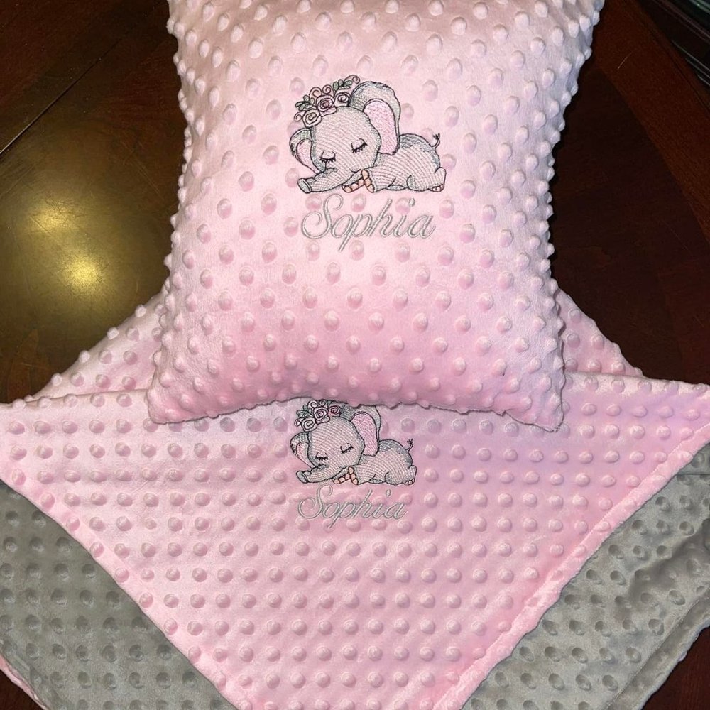 Pink and Grey  minky Baby blanket Baby elephant